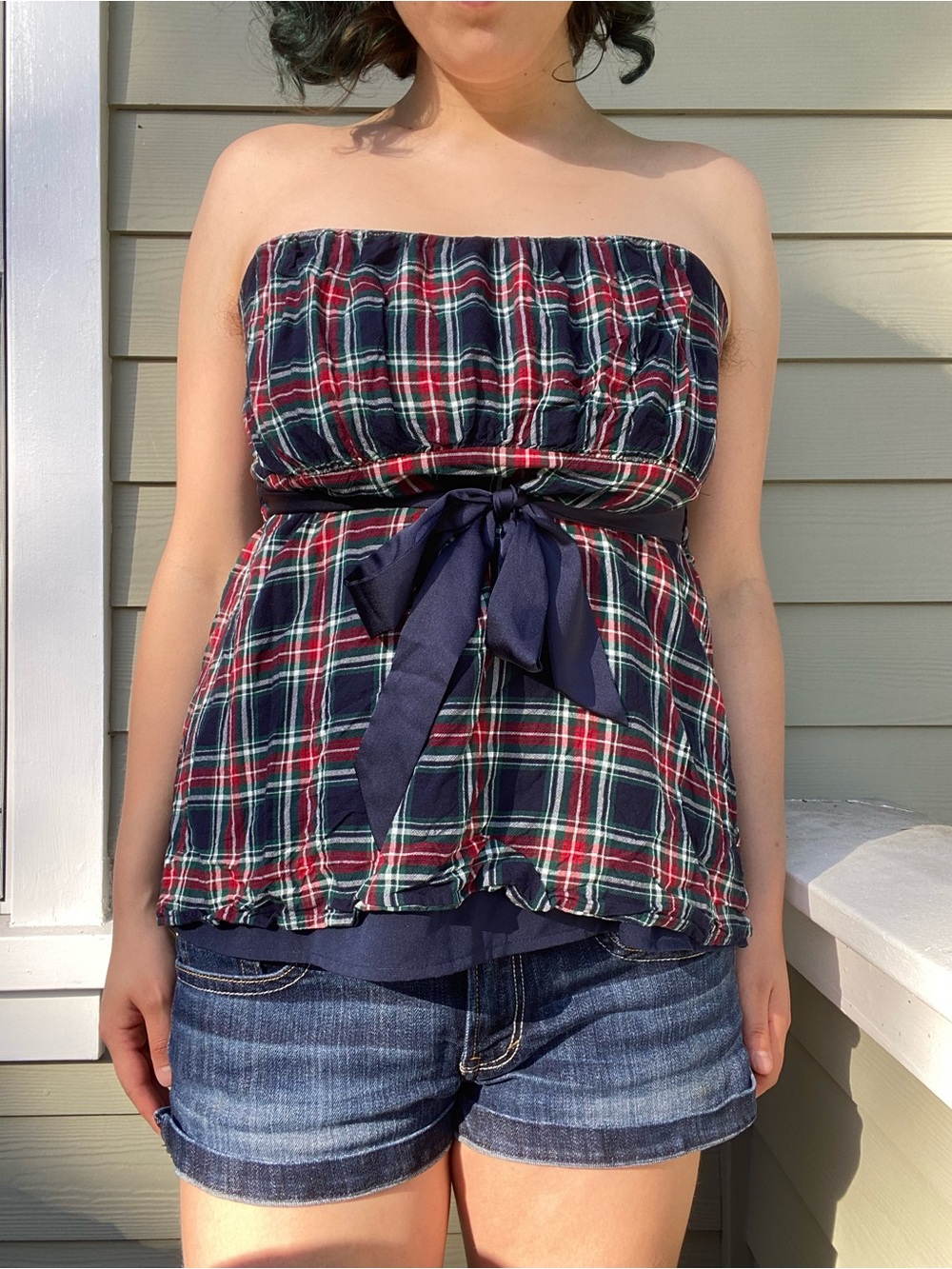 Hollister Babydoll Navy Plaid Removable Spaghetti-Strap Camisole with Ribbon Tie